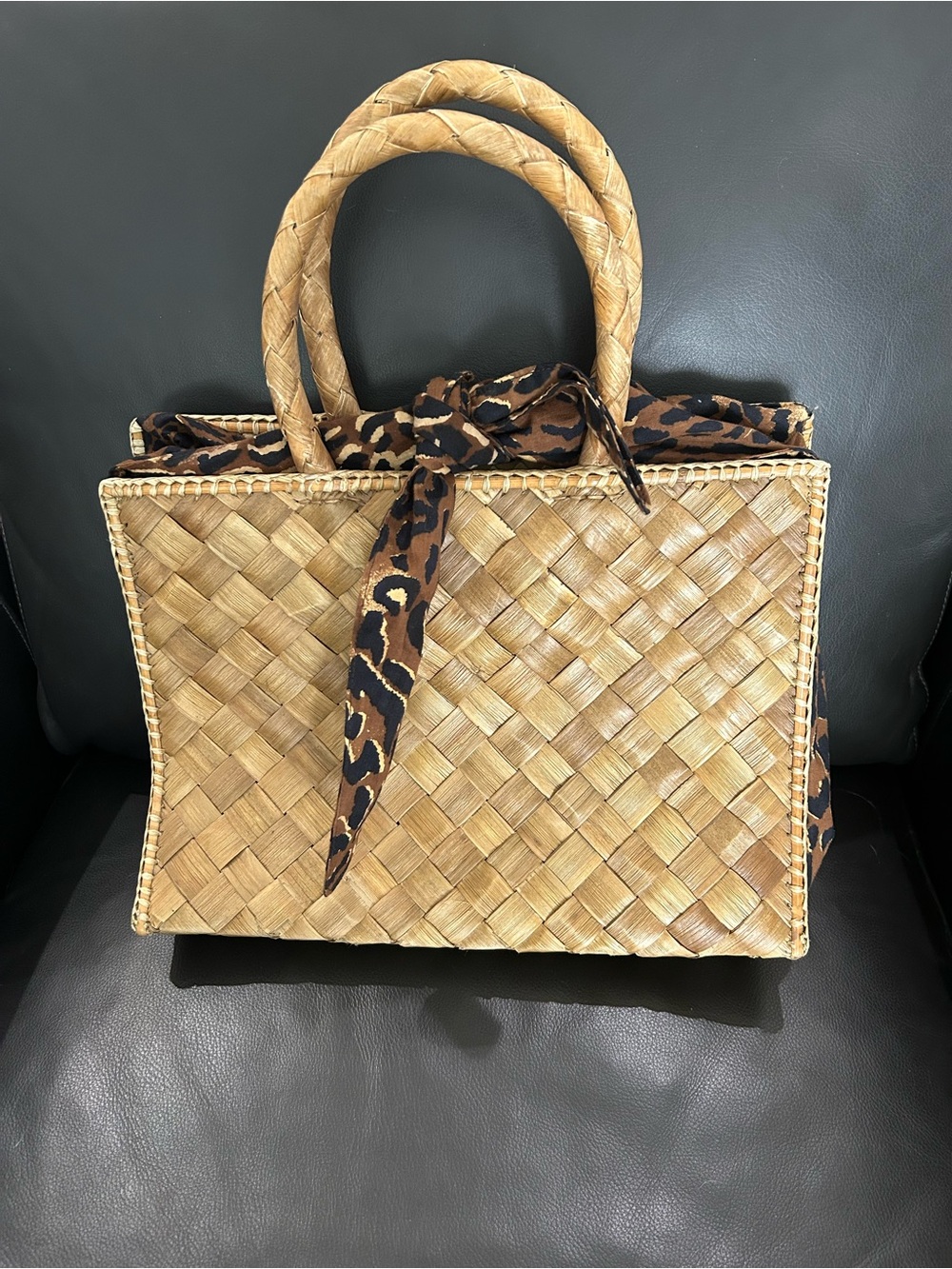 Lois Hill Tan Woven Tote with Leopard-Print Scarf vintage